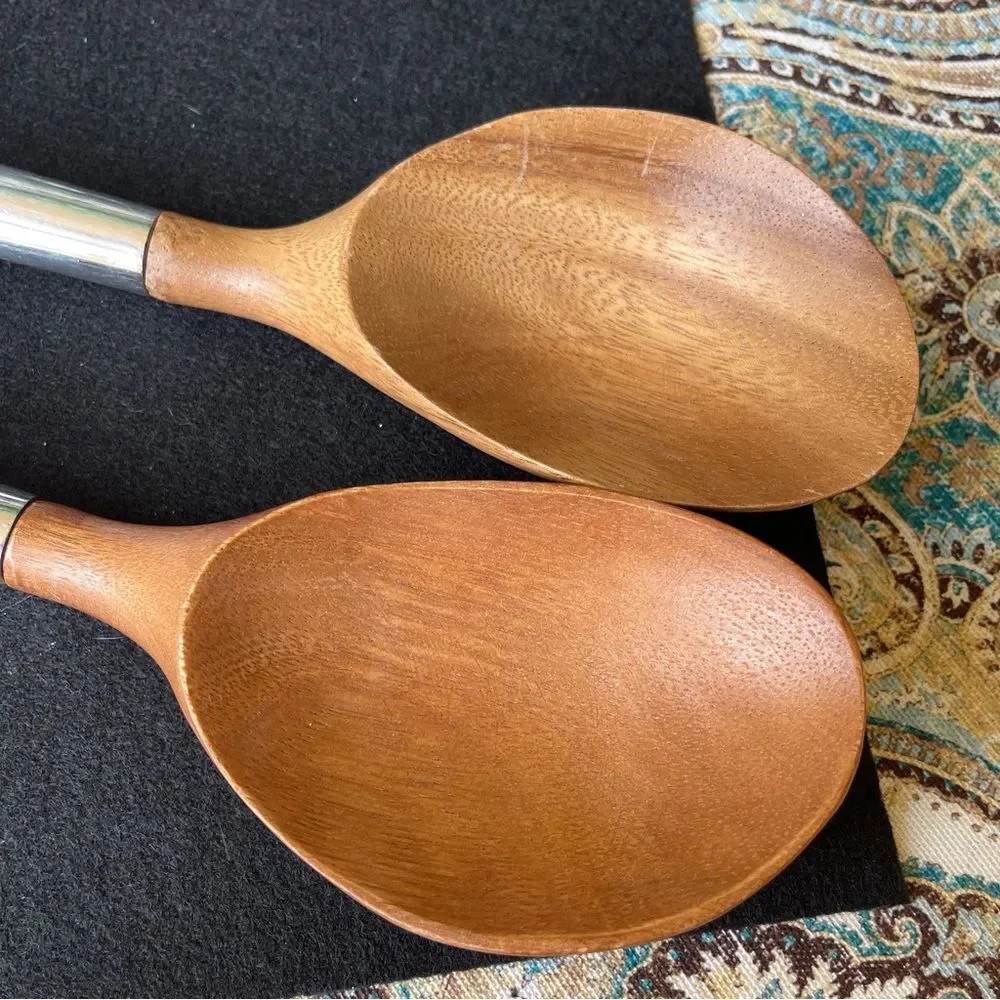 Teak or Acacia stainless serving utensils Salad mid century modernist vtg 70s